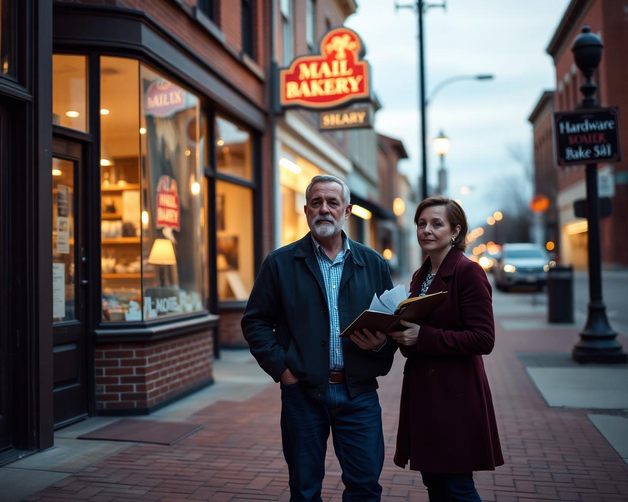 Two operator-investors on a Main Street block at dusk, considering the storefronts