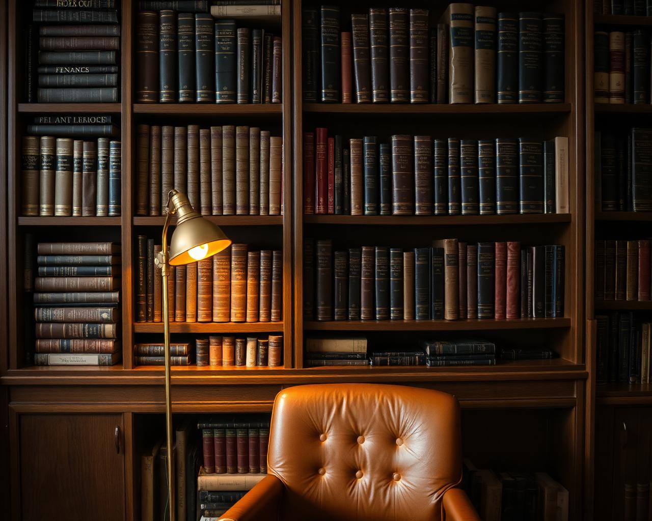 Deep wooden bookshelf wall in a boutique office filled with finance and operations books