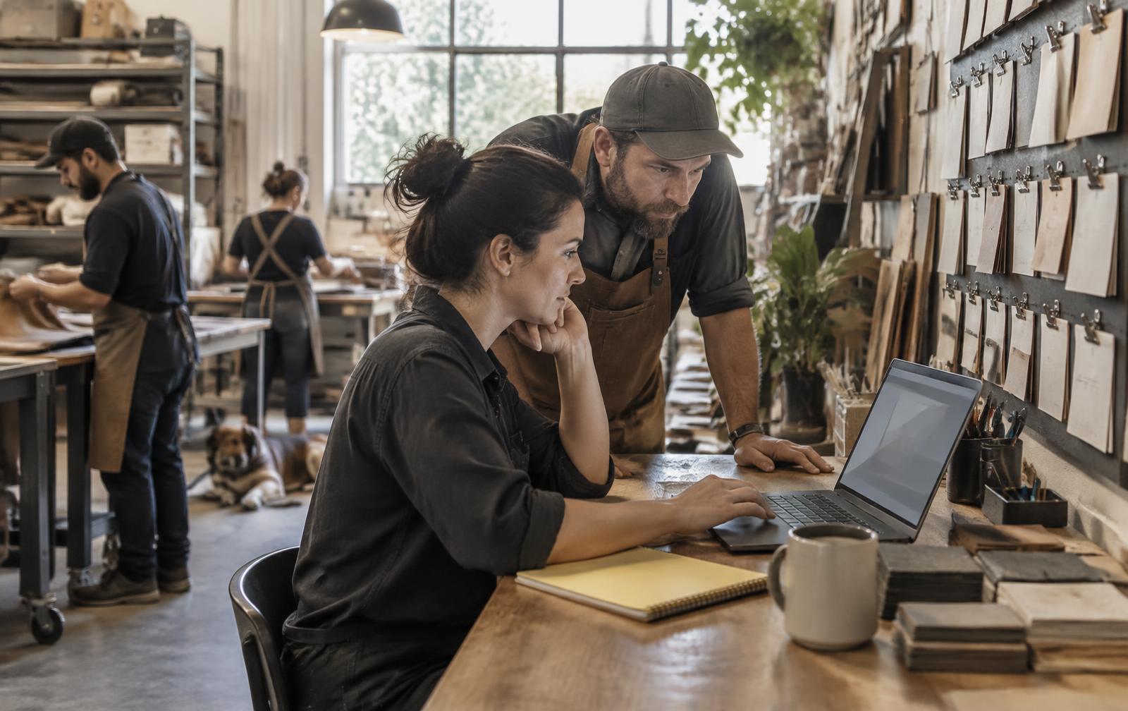 Small-business operators using practical technology alongside a visible production workflow