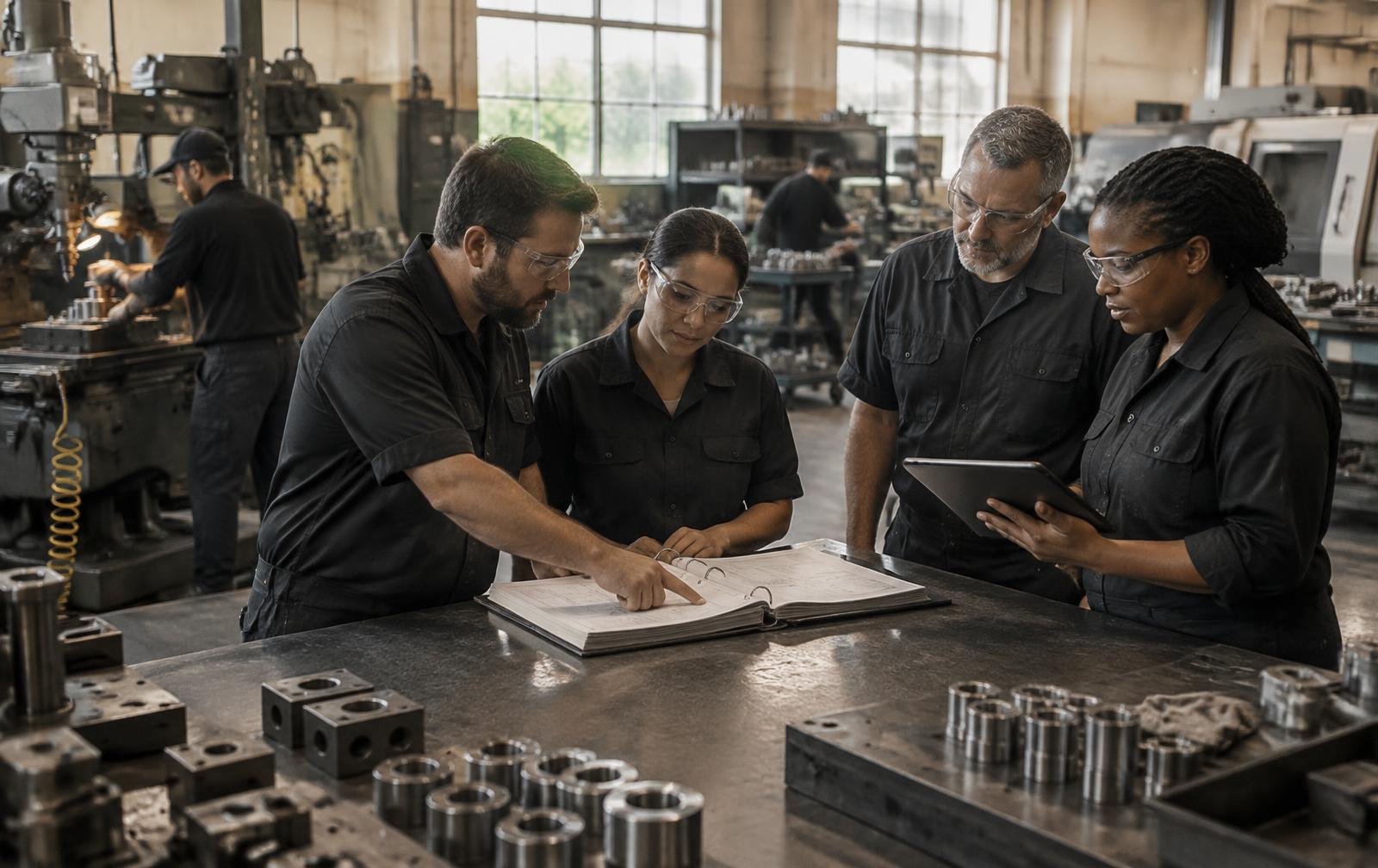 A precision manufacturing team reviewing documented processes while production continues around them