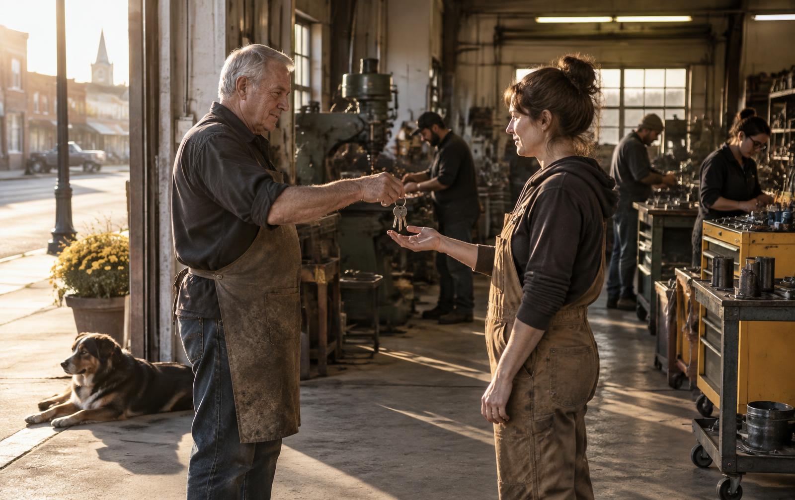 An experienced business owner passing shop keys to the next operator as the team continues working