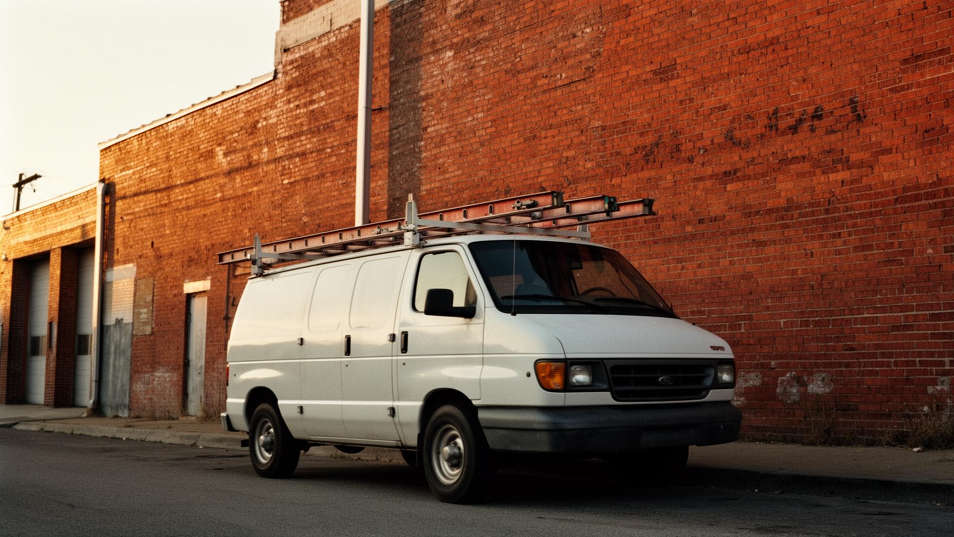 Tradesman's white service van parked outside a red-brick warehouse at sunset